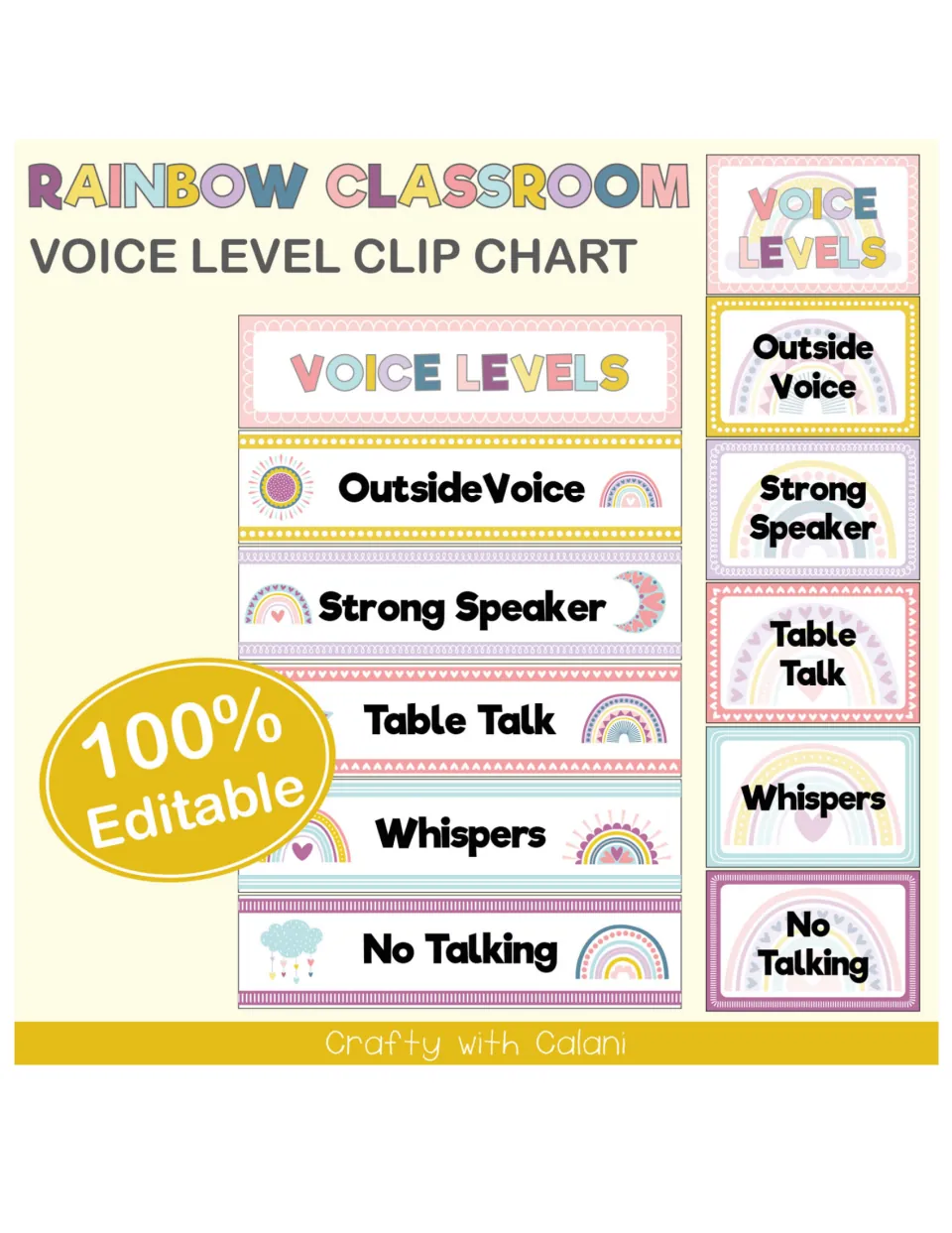 Rainbow Classroom voice level clip chart cover showing the Voice Levels header and five levels as strips and cards