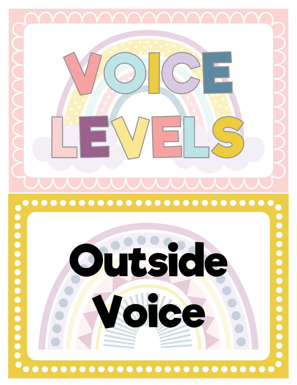 Voice level signs: a Voice Levels title card above an Outside Voice card, each with a pastel rainbow behind the words