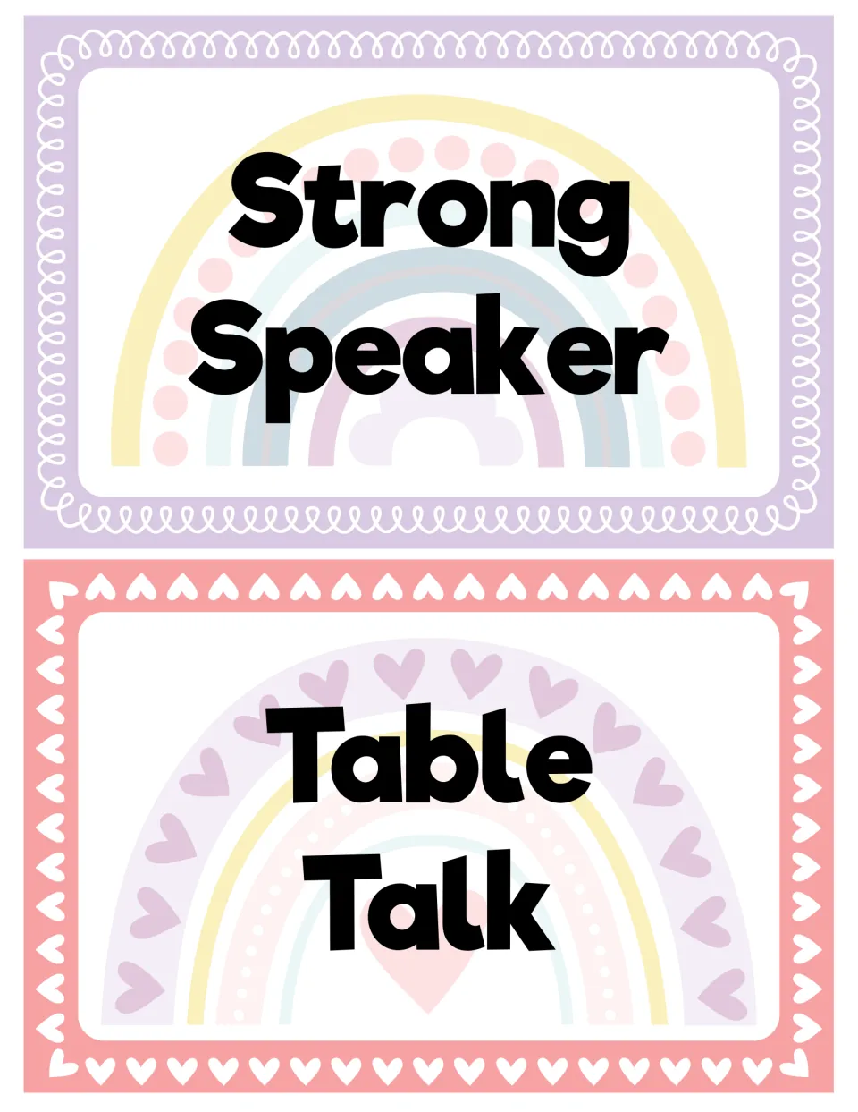 Voice level signs for Strong Speaker and Table Talk, two large pastel rainbow cards naming the middle noise levels