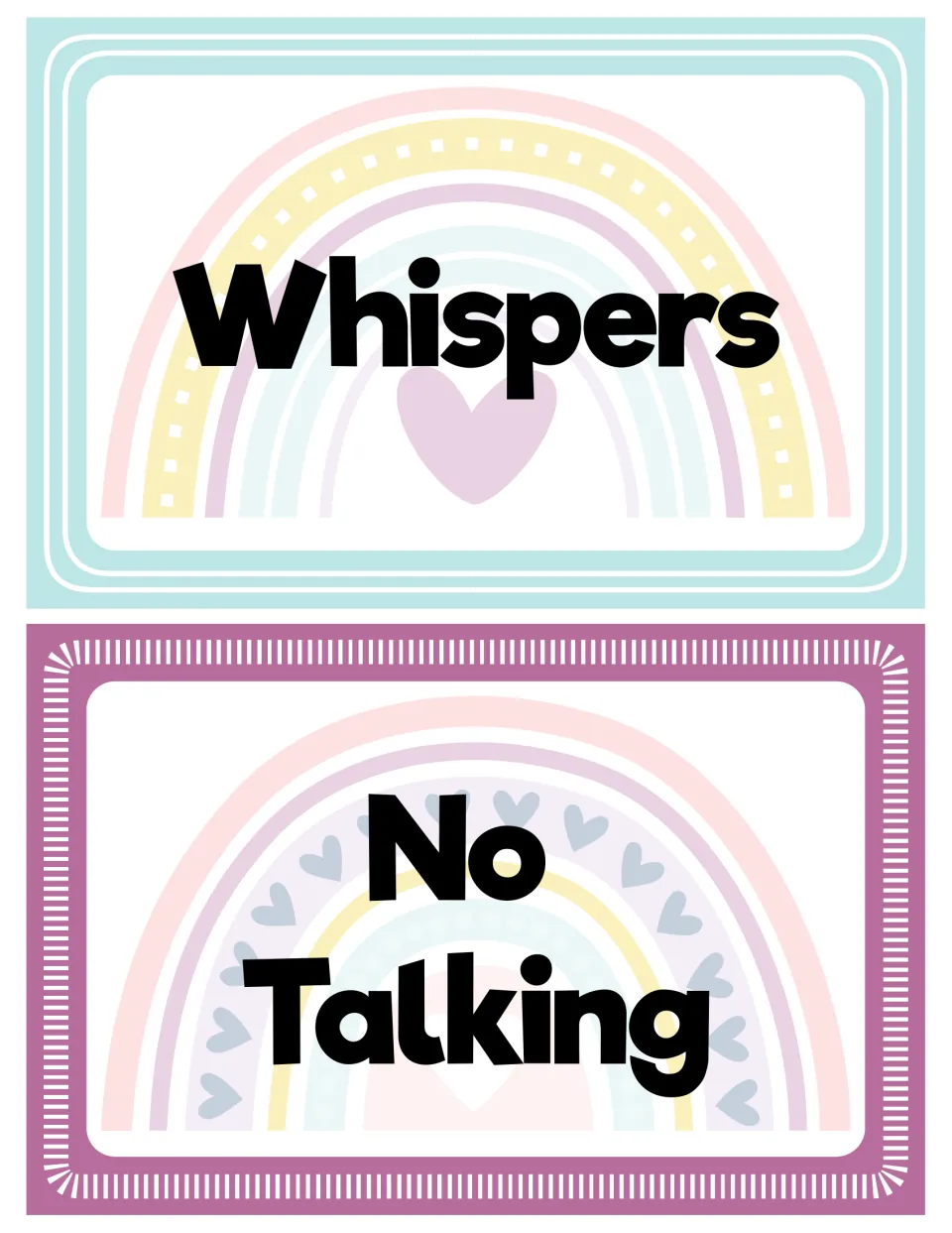 Voice level signs for Whispers and No Talking, the two quietest levels, each lettered over a soft pastel rainbow