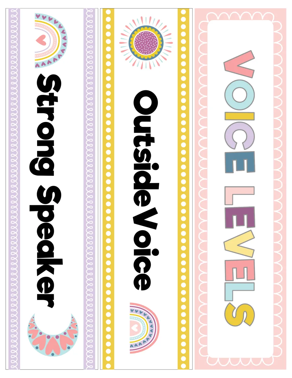 Vertical voice level strips reading Voice Levels, Outside Voice and Strong Speaker, decorated with sun, moon and rainbows