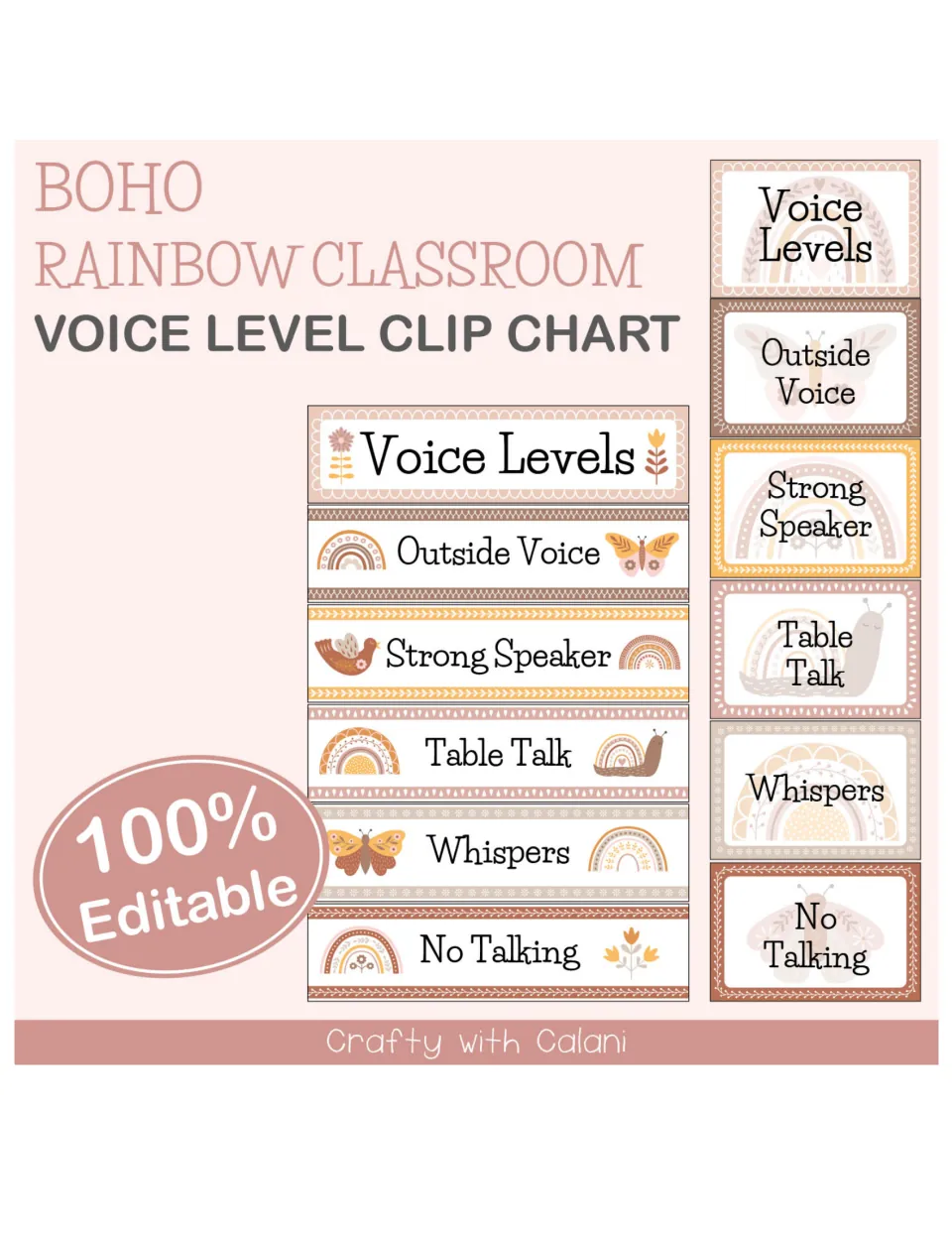 Voice level clip chart cover showing both chart formats and the five levels from Outside Voice to No Talking