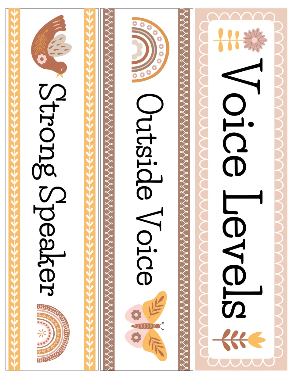First sheet of the three-items-per-page chart: Voice Levels header, Outside Voice and Strong Speaker labels