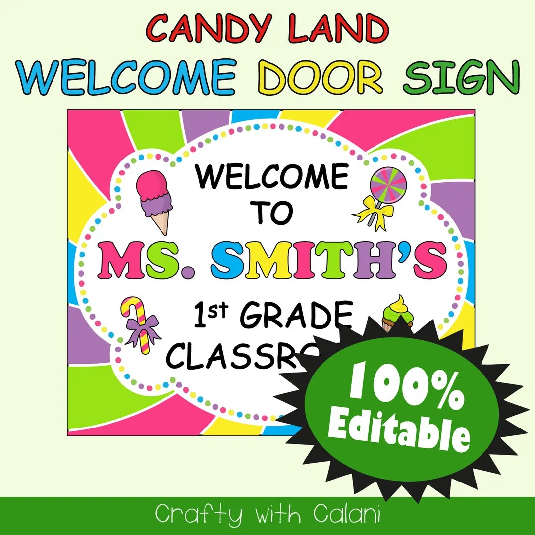 Classroom Welcome Door Sign in Candy Land Theme - 100% Editable – cover