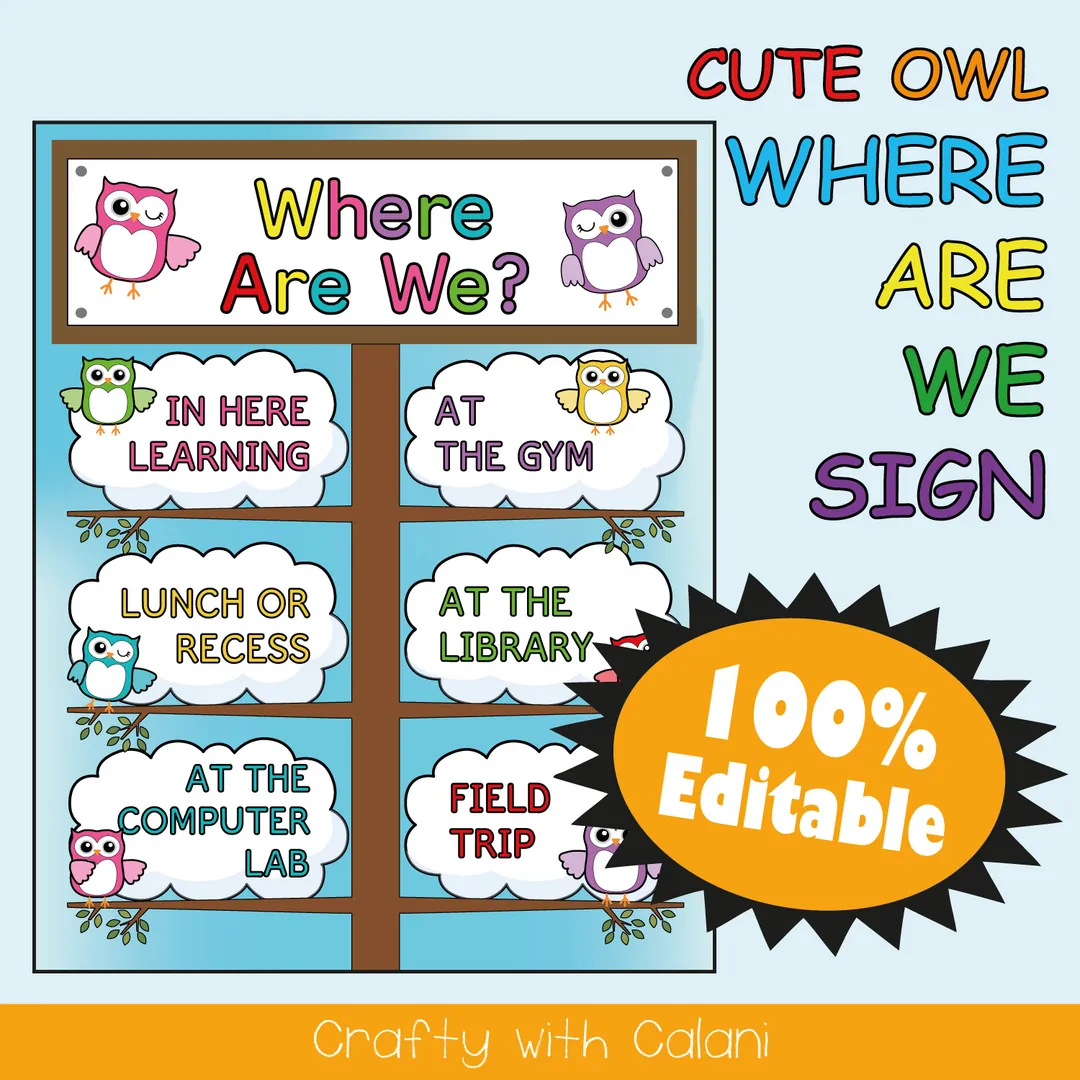Classroom Where Are We Door Sign in Owl Theme - 100% Editable – cover