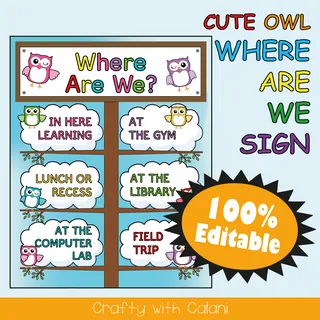 Classroom Where Are We Door Sign in Owl Theme - 100% Editable – cover
