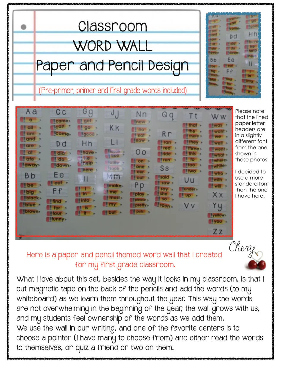 Word wall introduction showing the assembled alphabet headers and pencil word cards, with classroom use notes