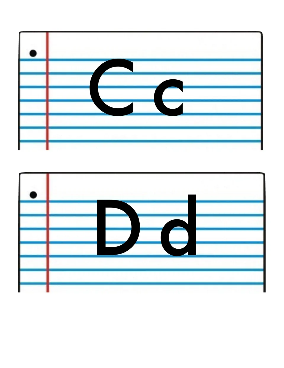 Word wall alphabet headers Cc and Dd, pairing uppercase and lowercase letters to organize the word cards