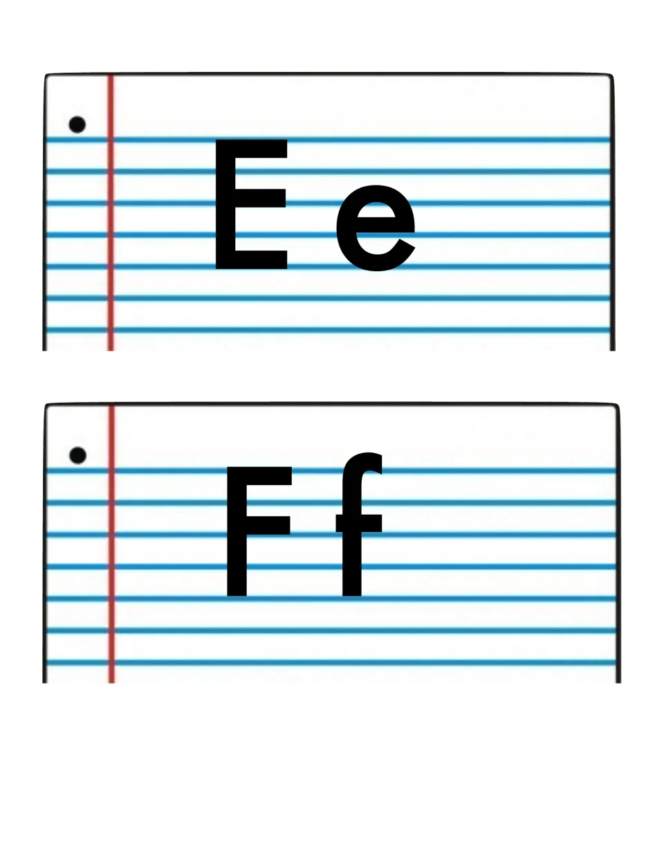 Word wall alphabet headers Ee and Ff, pairing uppercase and lowercase letters to organize the word cards
