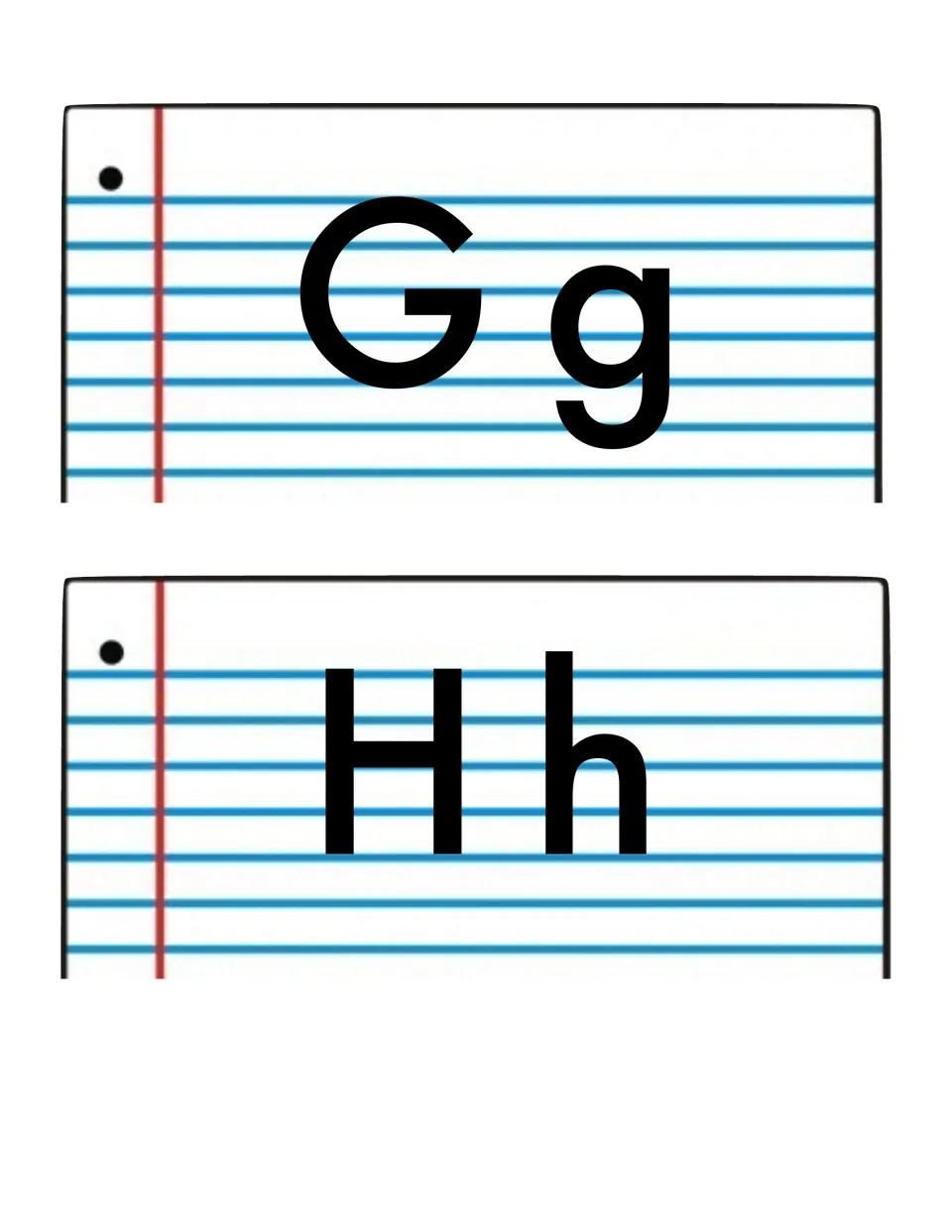 Word wall alphabet headers Gg and Hh, pairing uppercase and lowercase letters to organize the word cards