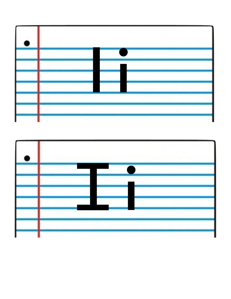 Word wall alphabet headers with two Ii options: a plain uppercase I and an uppercase I with top and bottom bars