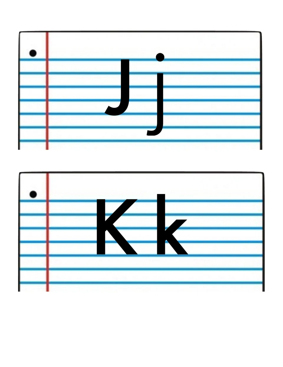 Word wall alphabet headers Jj and Kk, pairing uppercase and lowercase letters to organize the word cards