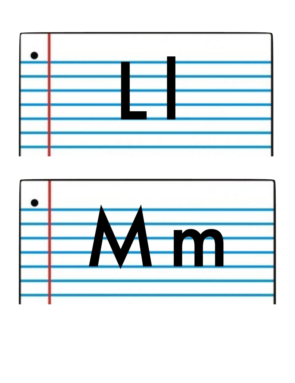 Word wall alphabet headers Ll and Mm, pairing uppercase and lowercase letters to organize the word cards
