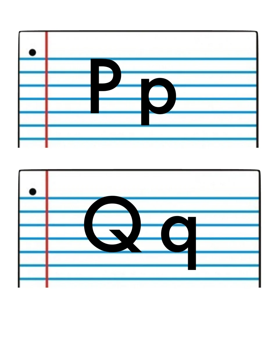 Word wall alphabet headers Pp and Qq, pairing uppercase and lowercase letters to organize the word cards