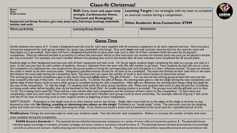 Christmas PE game directions for teams of four, with equipment, task card collection, sleigh rules and modifications