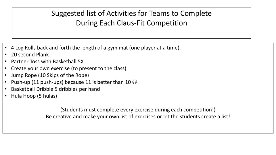 Competition activity list includes log rolls, a plank, basketball passes, jump rope and four more exercises