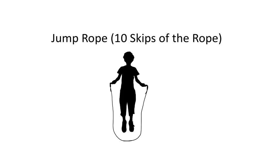 Exercise task card calls for 10 skips of a jump rope and shows a person jumping with a rope