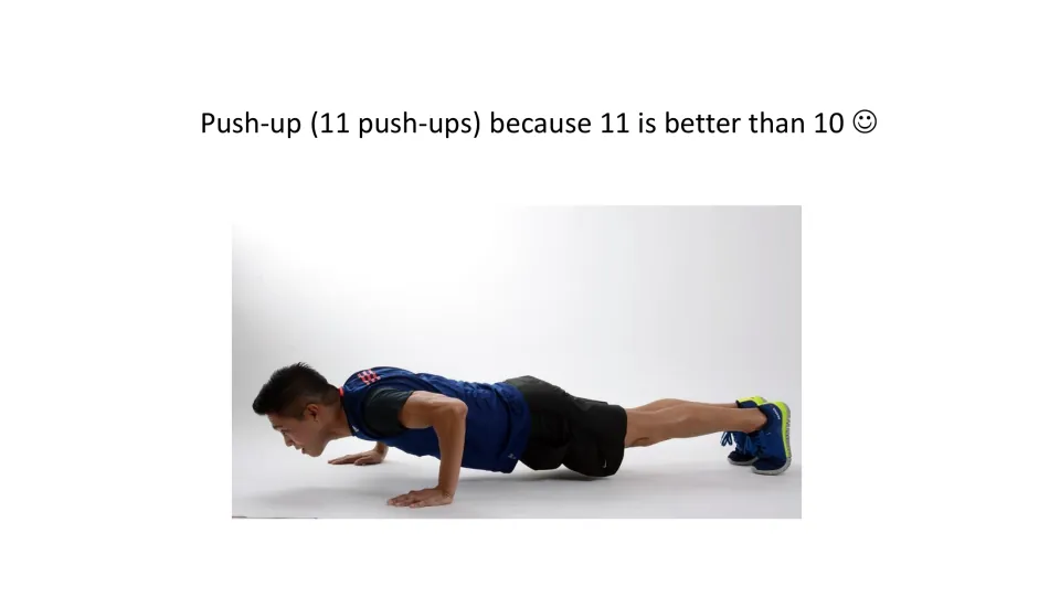 Exercise task card calls for 11 push-ups because '11 is better than 10' and shows a person doing a push-up