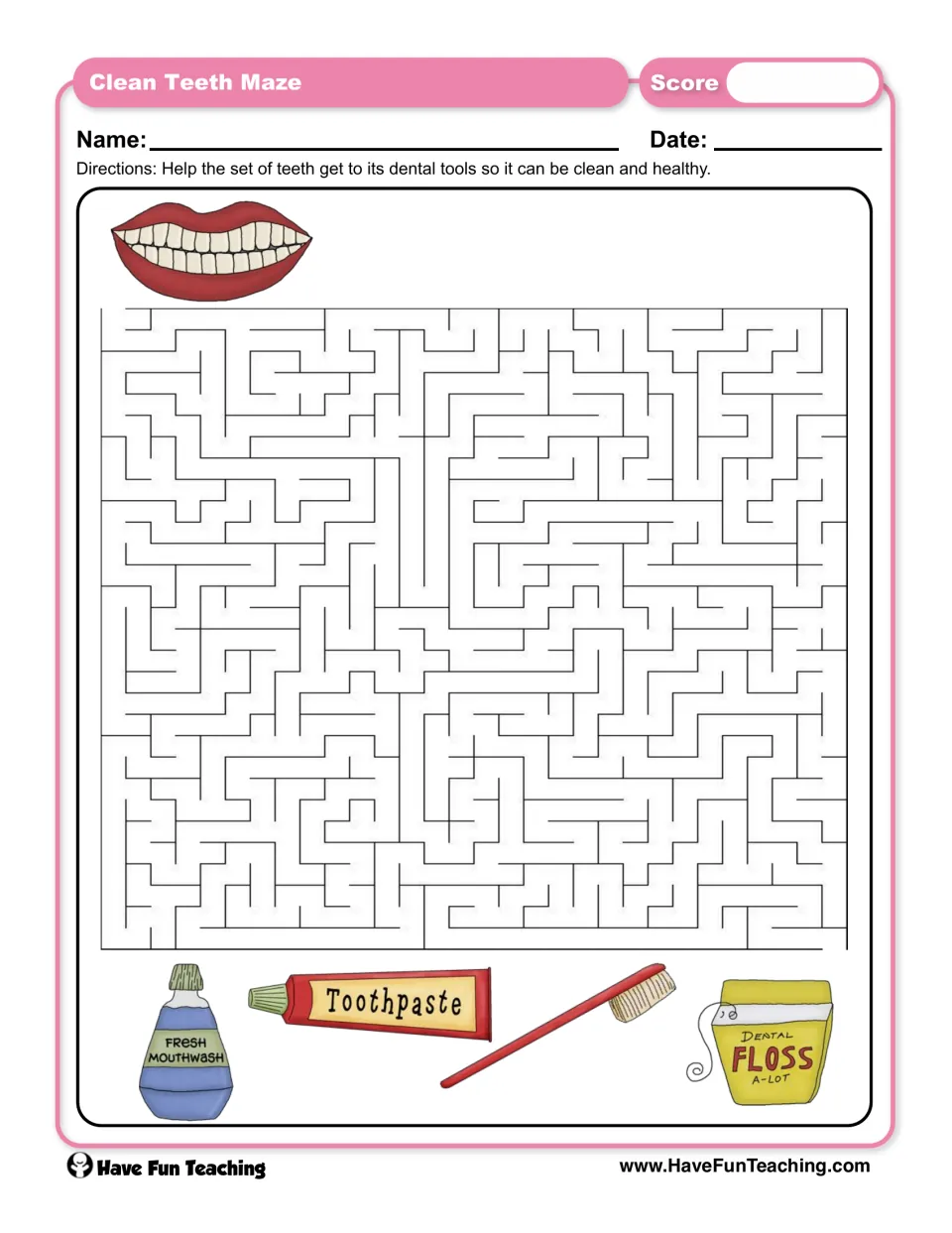 Dental hygiene maze: students trace a path from a smiling mouth to mouthwash, toothpaste, a toothbrush and floss