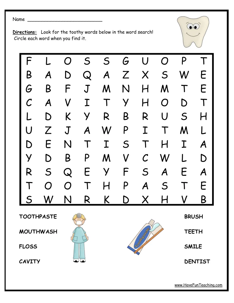 Dental health word search: students find and circle 8 words like toothpaste, floss, cavity, brush and dentist