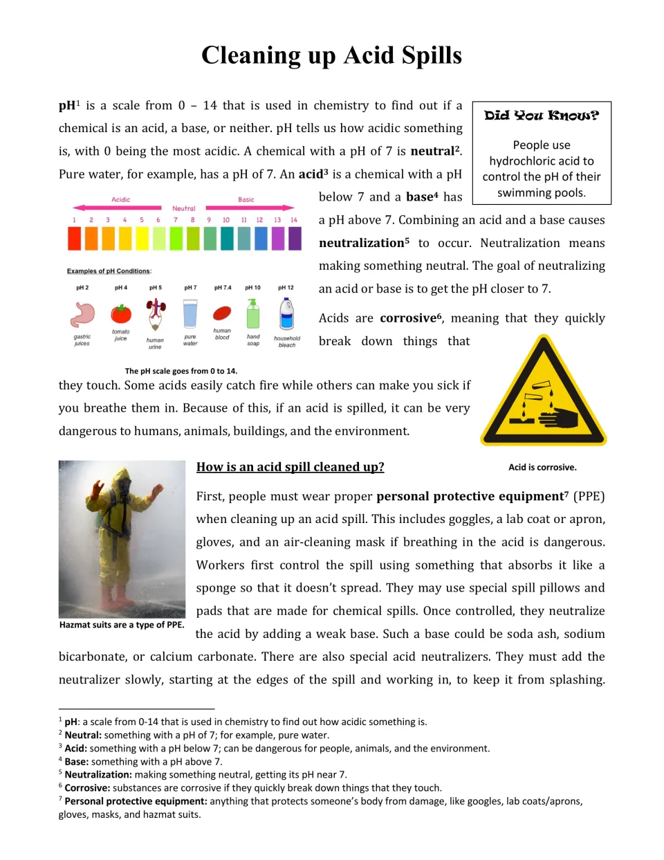 Cleaning up Acid Spills article, part 1: the pH scale chart, acids, bases, neutralization and PPE for spill cleanup