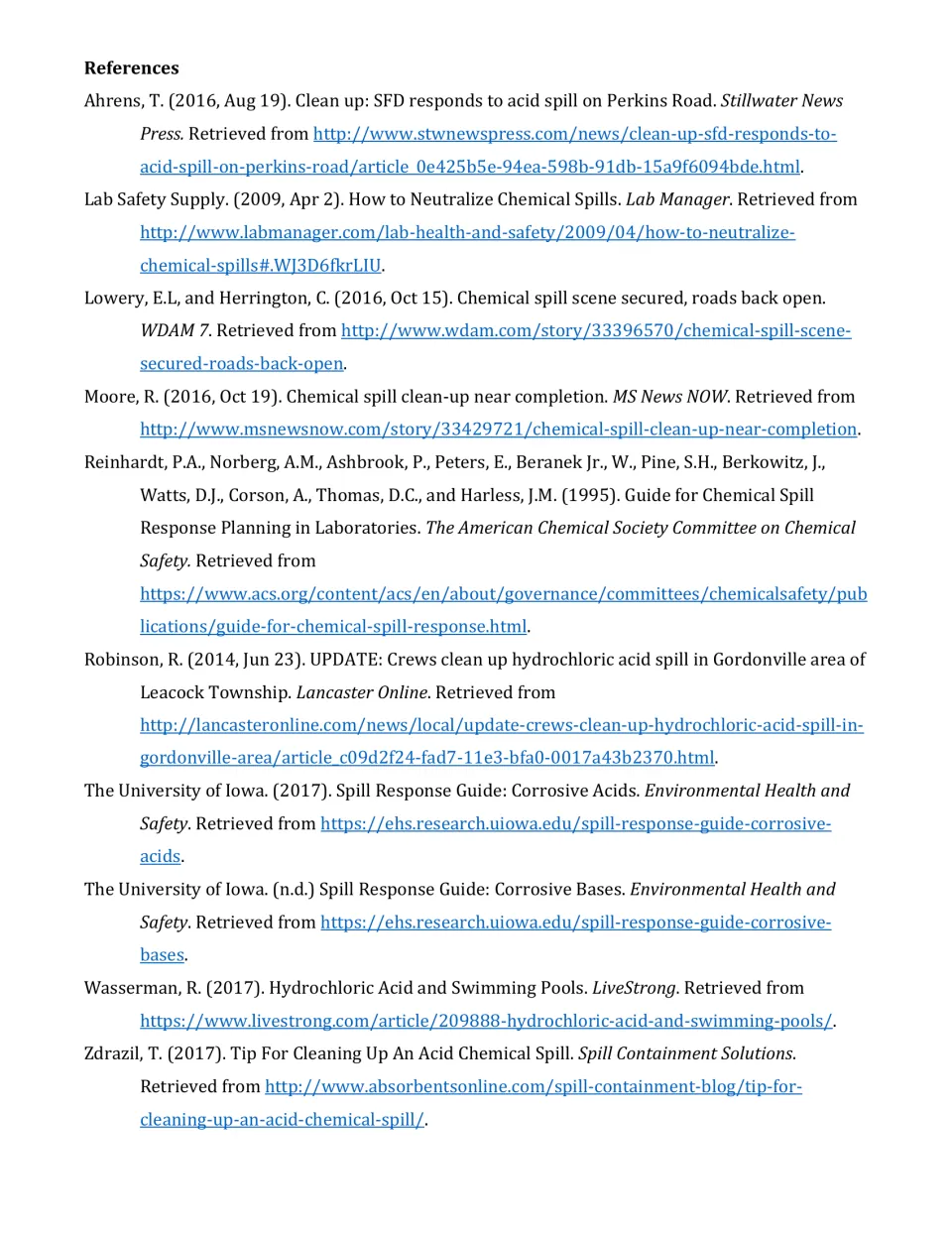 Reference list: news reports on the Stillwater, Lancaster and Jones County spills plus chemical spill safety guides