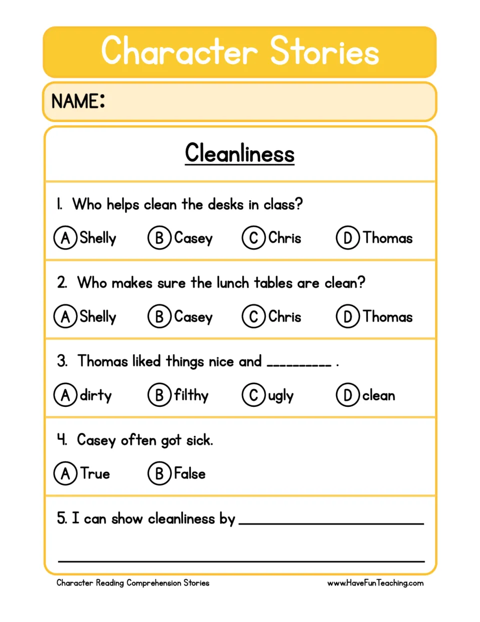 Five cleanliness comprehension questions about Casey, Thomas, being clean, and personal cleanliness habits.