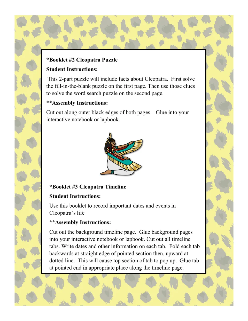 Directions for Booklet #2, a fill-in-the-blank and word search puzzle, and Booklet #3, a pop-up tab timeline of her life