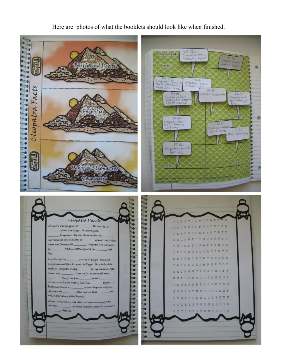 Finished booklets shown in notebook photos: Cleopatra facts flaps, timeline with written tabs, puzzle and word search