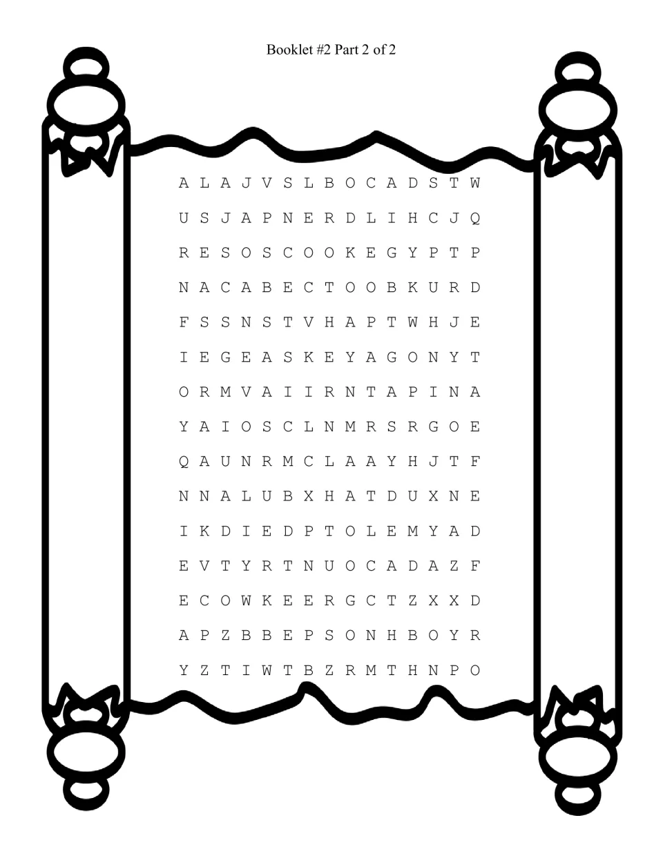 Cleopatra word search: students find the fill-in-the-blank puzzle answers hidden in 15 rows of letters on a scroll