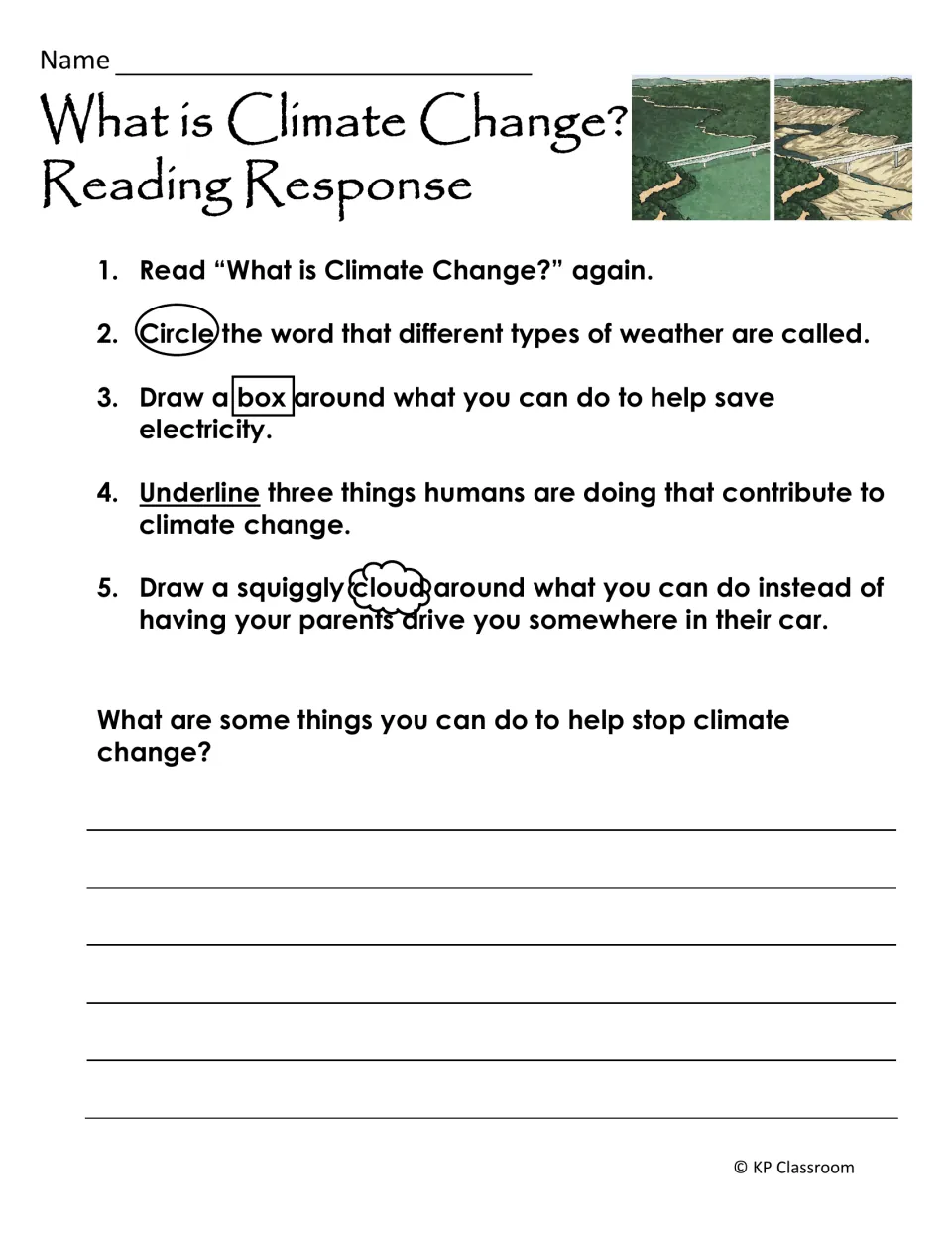 Climate change reading response: students circle, box, underline and cloud text evidence, then write ways to help