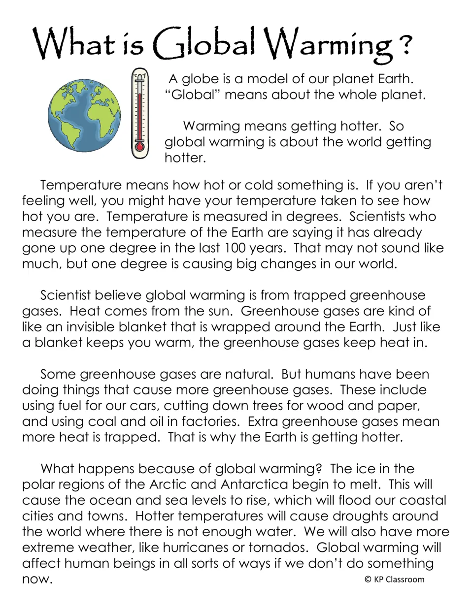What is Global Warming? passage explaining temperature, greenhouse gases as a blanket, melting ice and rising seas