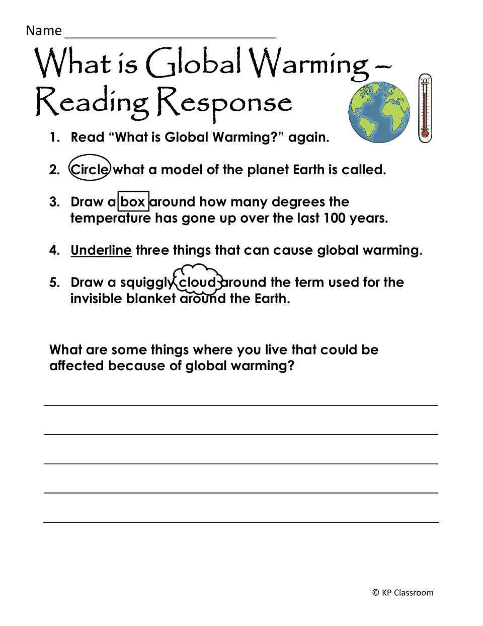 Global warming reading response: students mark text evidence by circling, boxing and underlining, then write about home