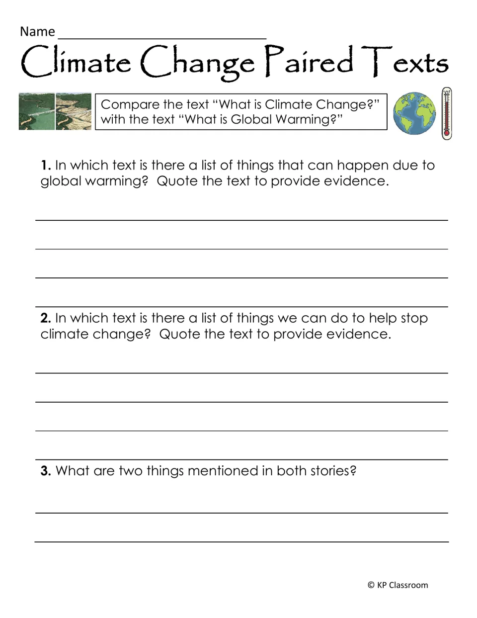 Climate Change Paired Texts: students compare two passages, quoting evidence and naming two ideas found in both