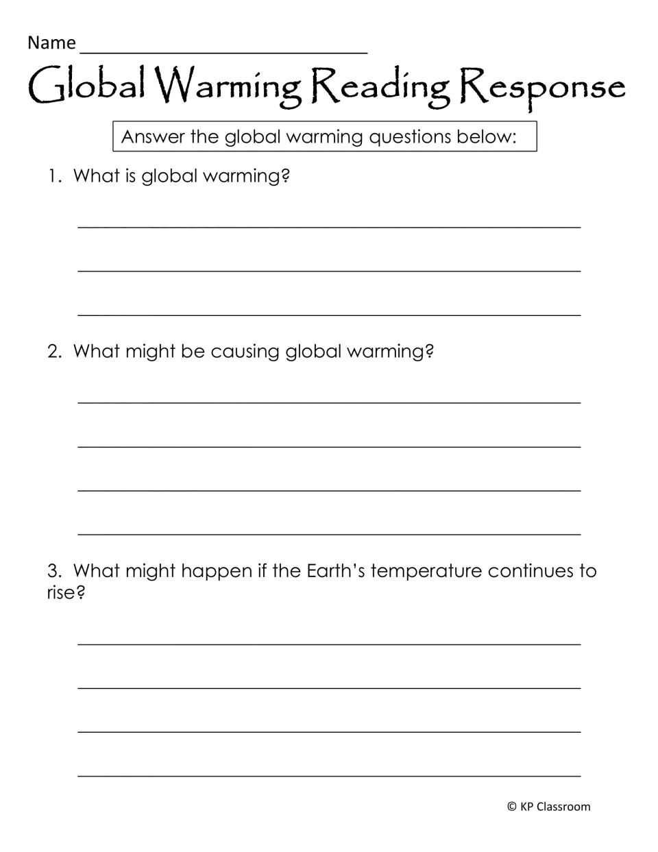 Global Warming Reading Response: students write answers on what global warming is, its causes and what may happen next