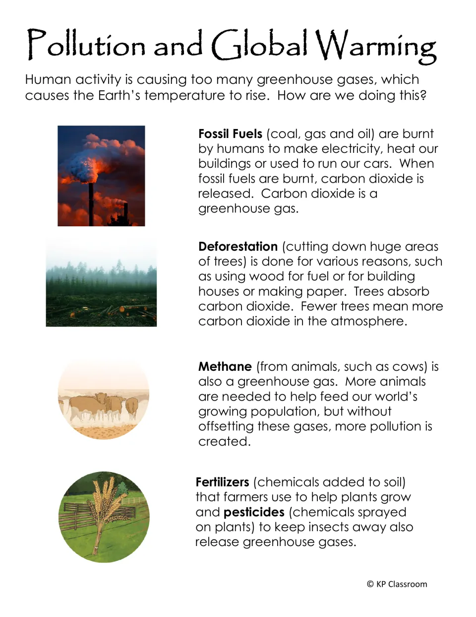 Pollution and Global Warming: fossil fuels, deforestation, methane from cows and fertilizers explained as gas sources