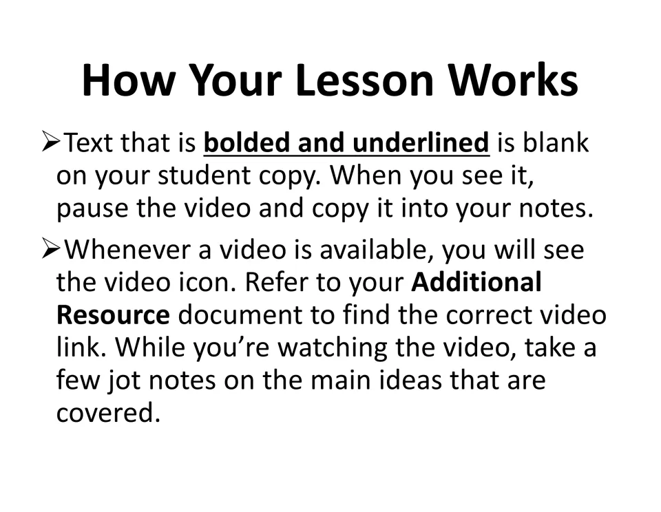Lesson directions explain copying bold, underlined text into notes and using video links for jot notes