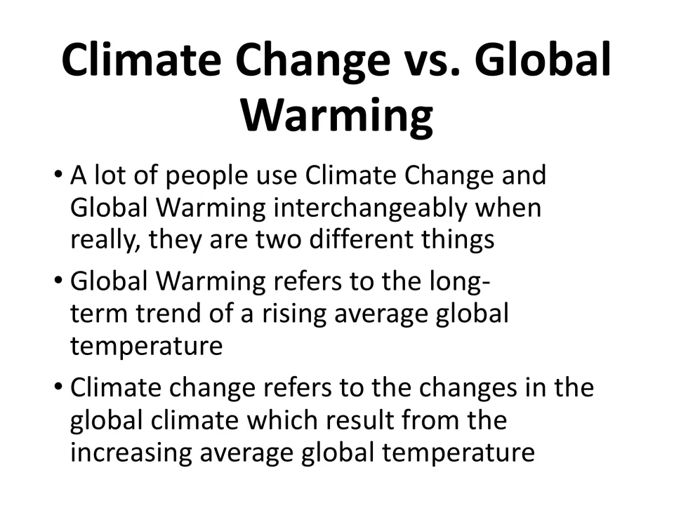Lesson slide distinguishes global warming's rising average temperature from broader climate changes