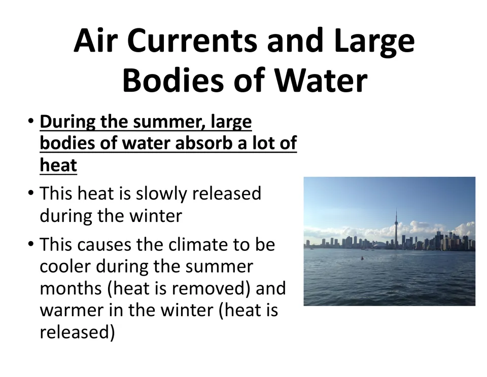 Lesson slide explains how large bodies of water absorb summer heat and release it slowly during winter