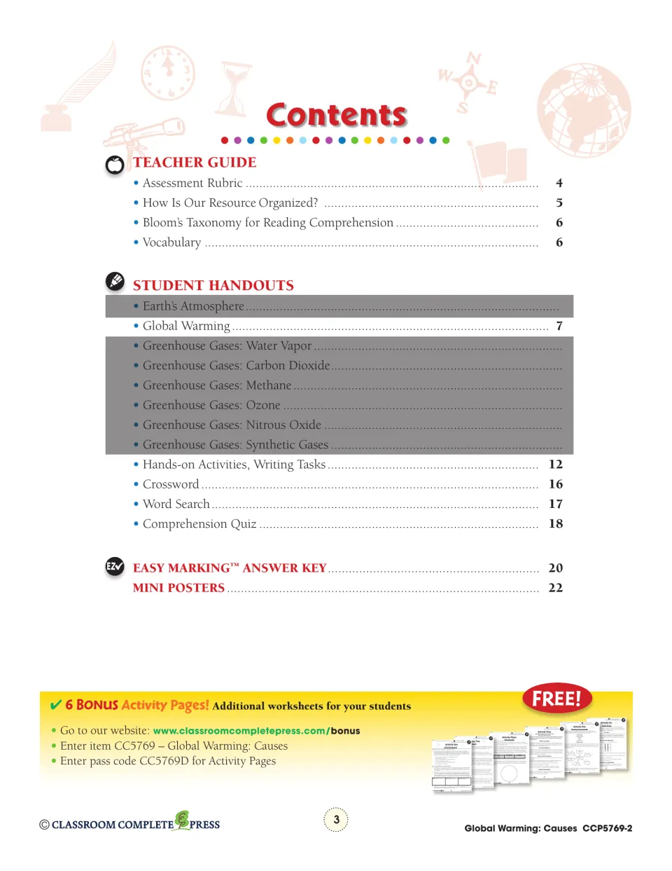Contents: teacher guide pages, the Global Warming handout on page 7, crossword, word search, quiz and answer key