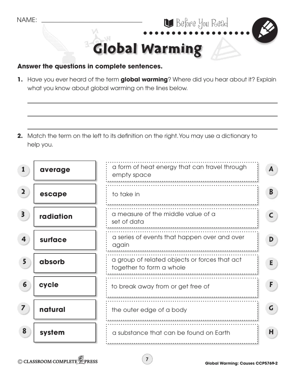 Before You Read: say what you know about global warming, then match 8 terms such as radiation, absorb and cycle