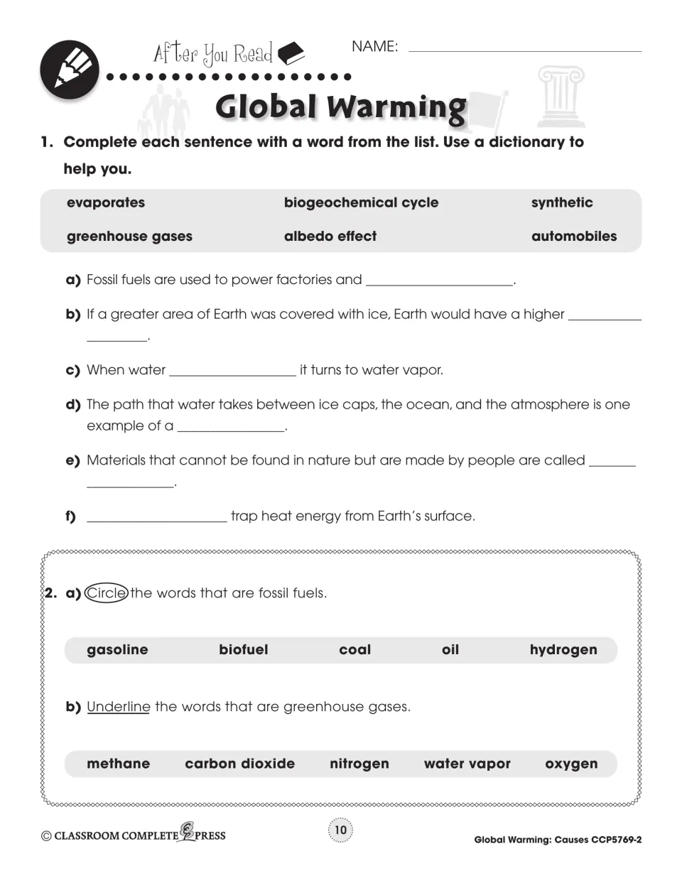 After You Read: 6 fill-in sentences, circle the fossil fuels and underline the greenhouse gases