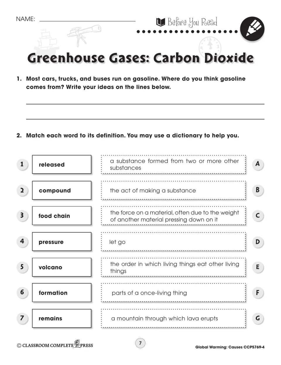 Before You Read: where gasoline comes from, then match 7 words such as compound and pressure to definitions