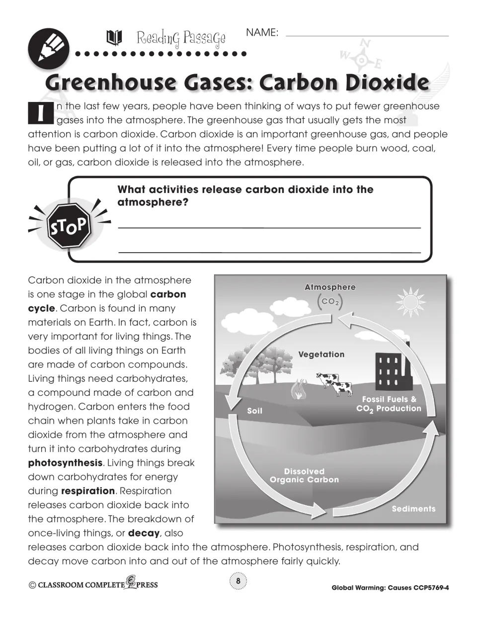 Reading passage part 1: burning fuels releases carbon dioxide, with a carbon cycle diagram and a STOP question