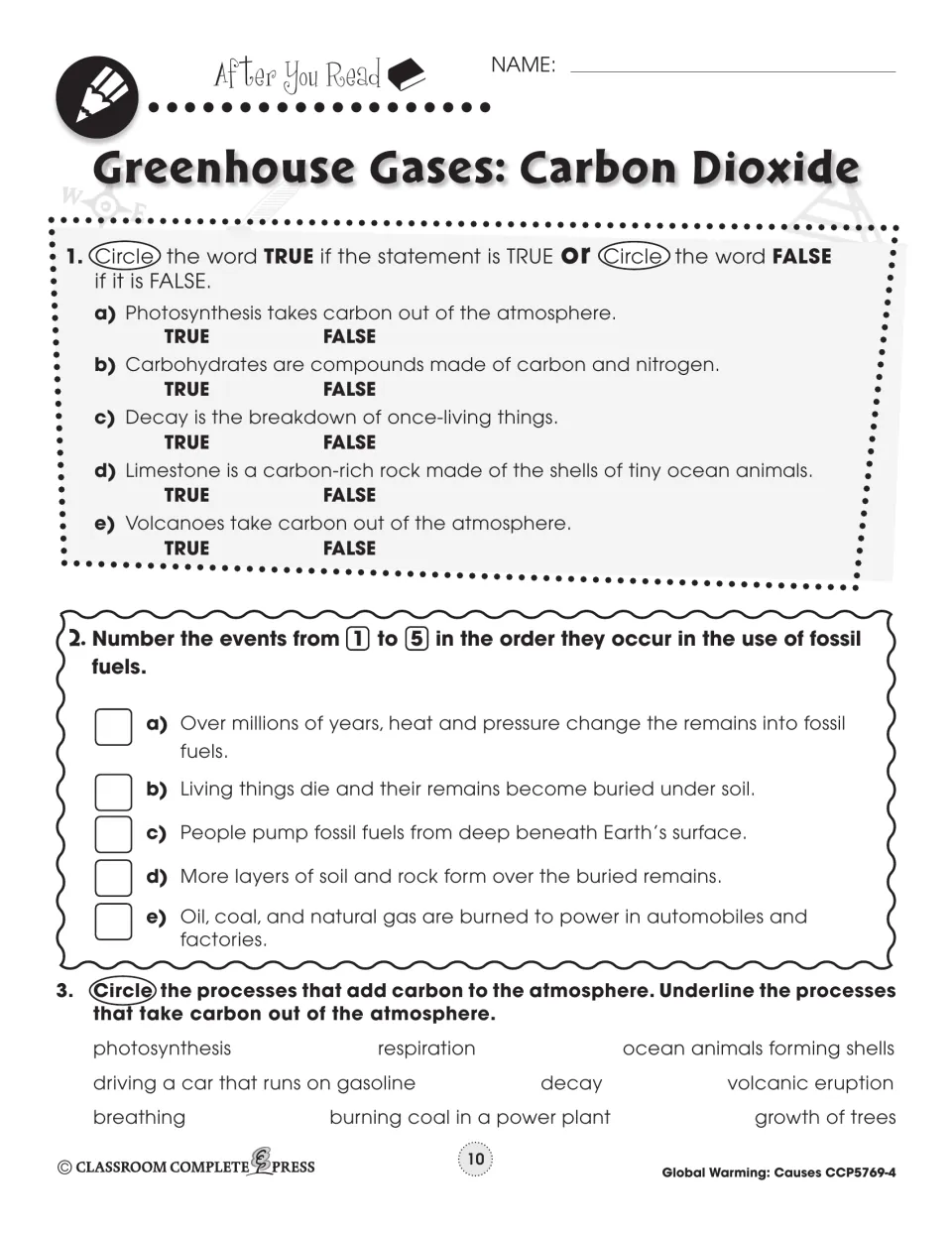 After You Read: 5 true/false items, ordering fossil fuel events, and circling processes that add carbon