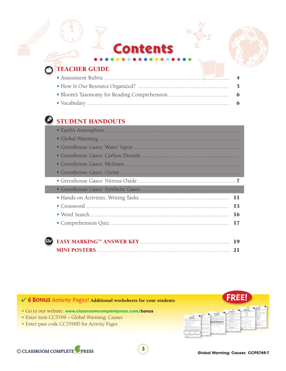 Contents page listing teacher guide, student handouts and answer key, with the Nitrous Oxide handout on page 7