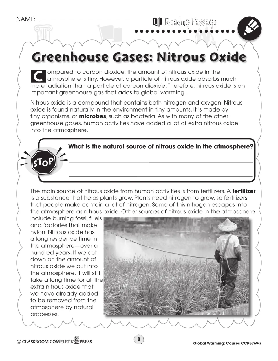 Nitrous oxide reading passage on sources: microbes, fertilizers, fossil fuels and nylon, with a crop-spraying photo