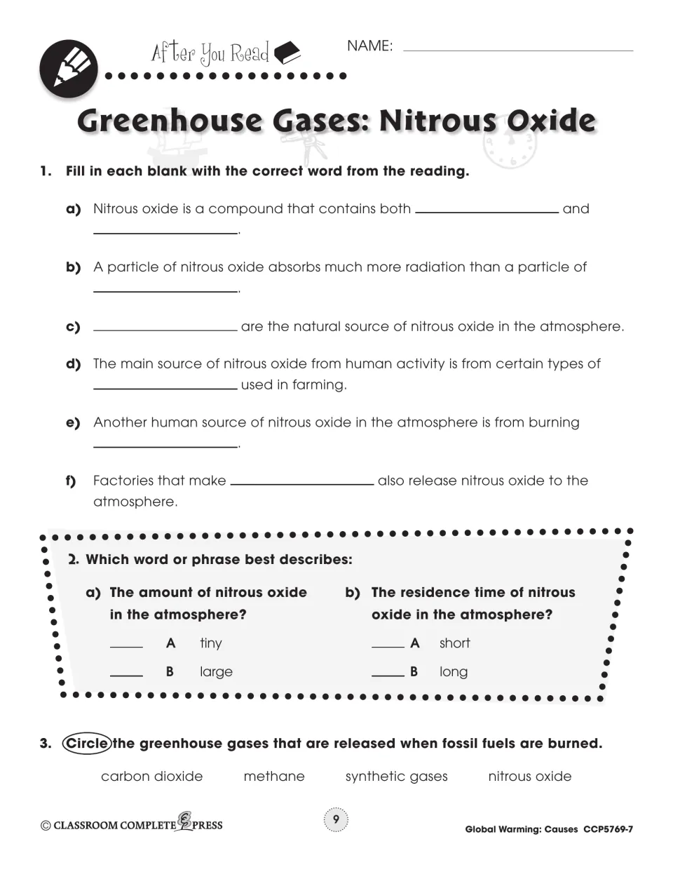 After You Read 1–3: fill-in-the-blank on nitrous oxide sources, multiple choice on its amount and residence time
