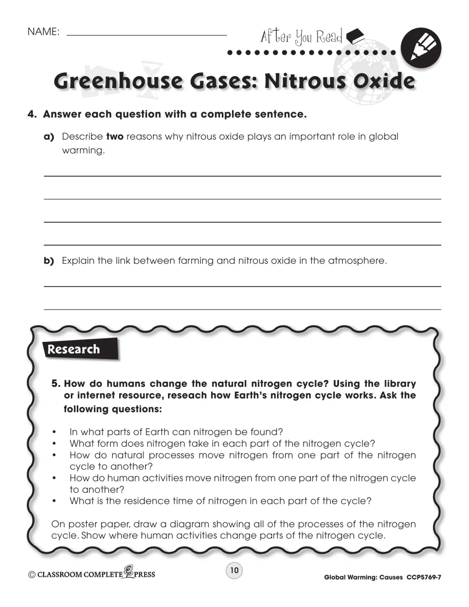 After You Read 4–5: two reasons nitrous oxide matters, farming's link to it, and a nitrogen cycle research poster