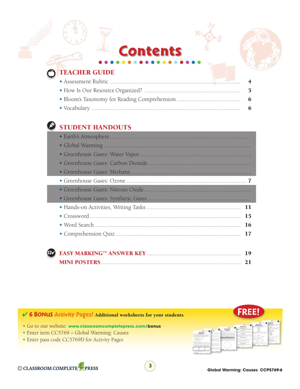 Contents: teacher guide, ozone handouts on page 7, crossword, word search, quiz, answer key and mini posters